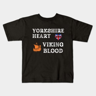 Yorkshire Heart Viking Blood. White text.Gift ideas for historical enthusiasts. Kids T-Shirt